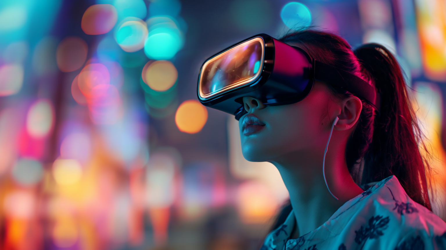 Fictional picture of a person wearing VR-headset. Background of blurry lights.