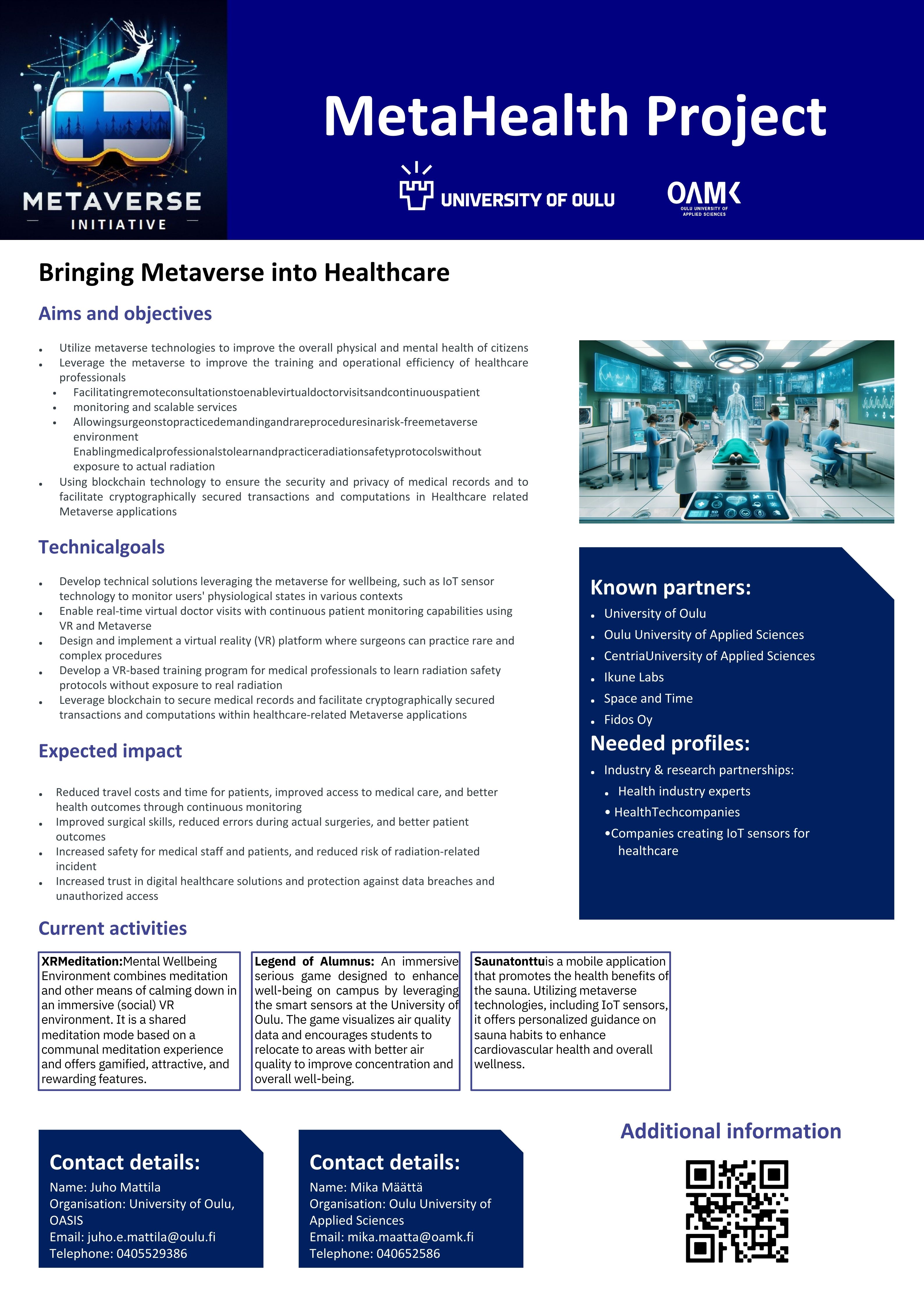 MetaHealth project poster.  Aims, objectives, technological goals, expected impact and activities described.